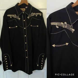Scully Western Shirt Gold Music Notes Embroidered Men's size Large black snap